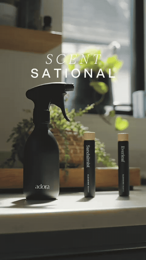Adora eco cleaning starter kit with refillable Blend-in-Bottle and cleaning scents Sandalmist, Driftwood and Everleaf