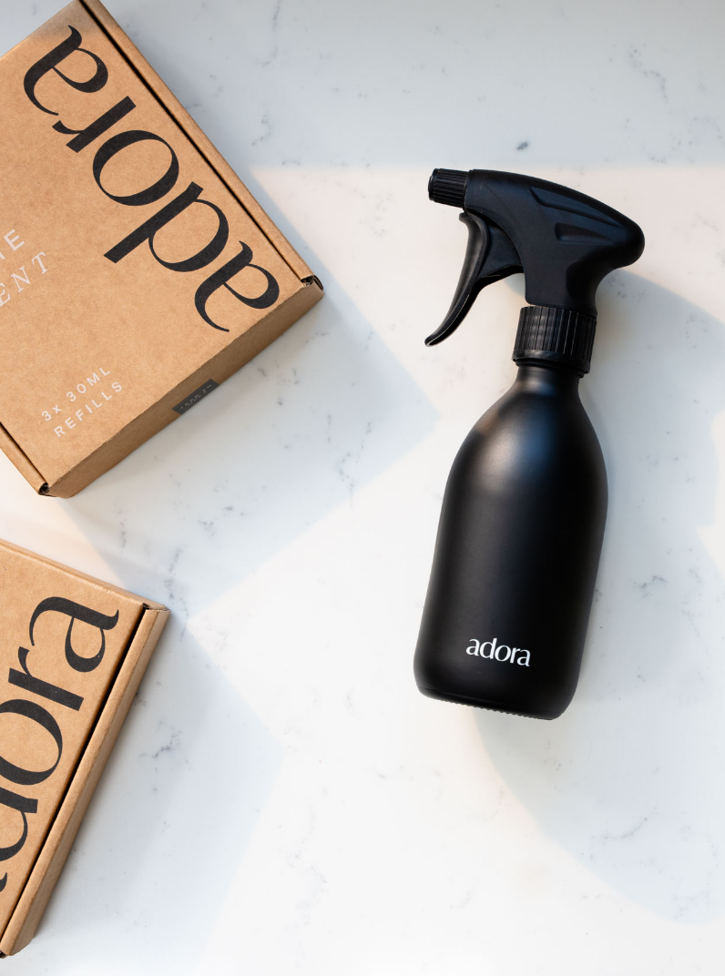 Adora Blend-in-Bottle refillable glass spray bottle with eco cleaning refill boxes